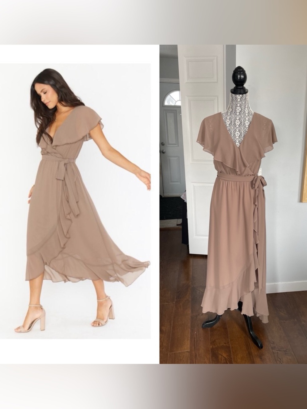 NWT Show Me Your MuMu Bridesmaid Formal Belted Wrap Midi Dress. Medium. Dune.